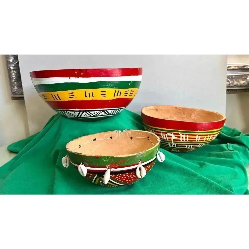 Vintage Set of 3 Wall Hanging Bowls Gourd Colorful handpainted Aztec Tribal Them